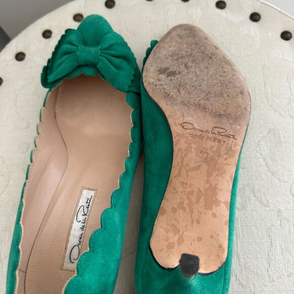 OSCAR De La RENTA Scala Scalloped Suede Green Shoes Pumps w Bow Kitten Heel 37 - Picture 6 of 7